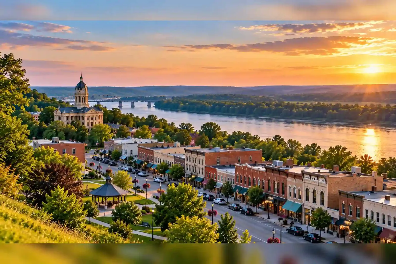 Missouri River town glowing at sunset in eastern Nebraska