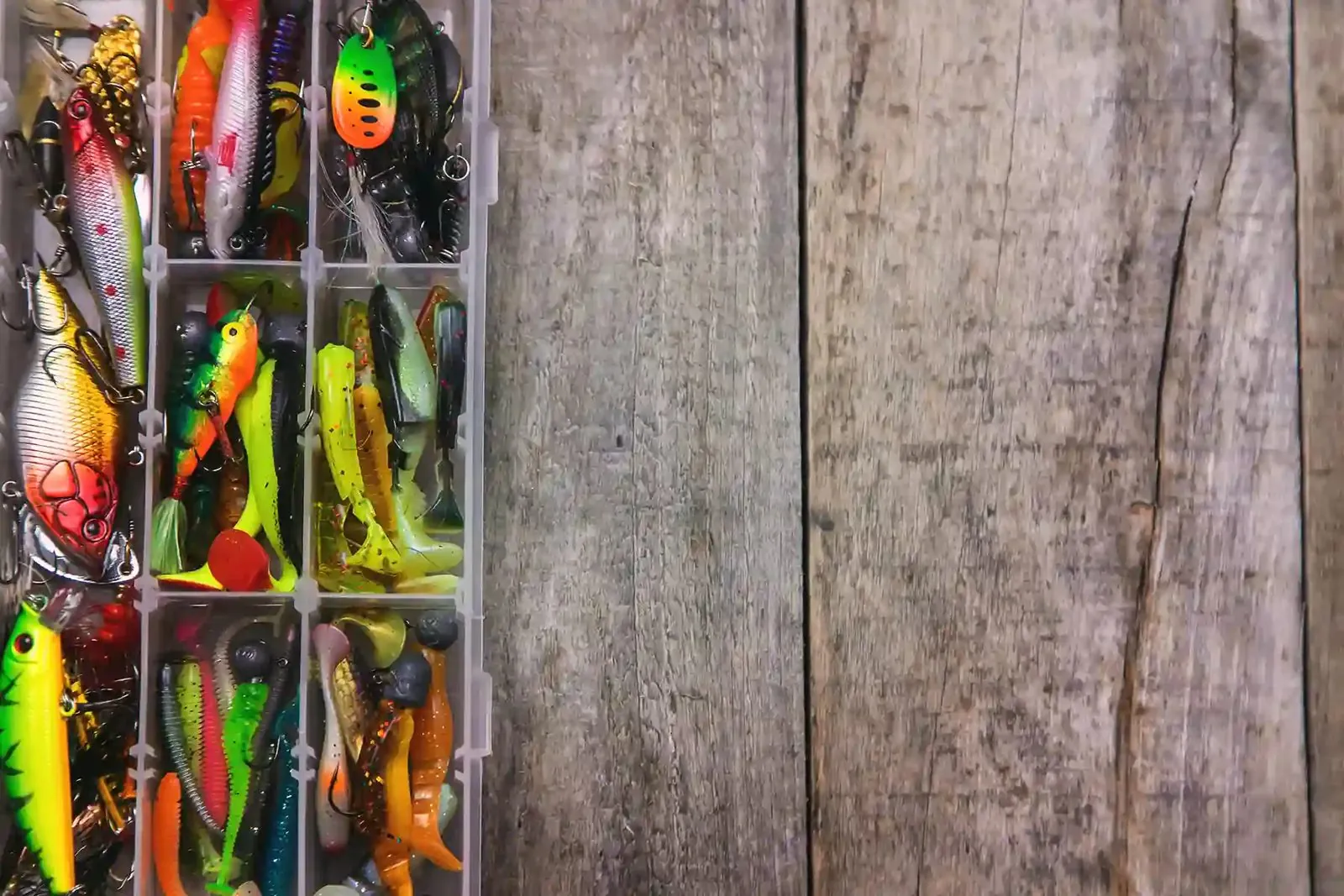 Colorful fishing lures in a tackle box