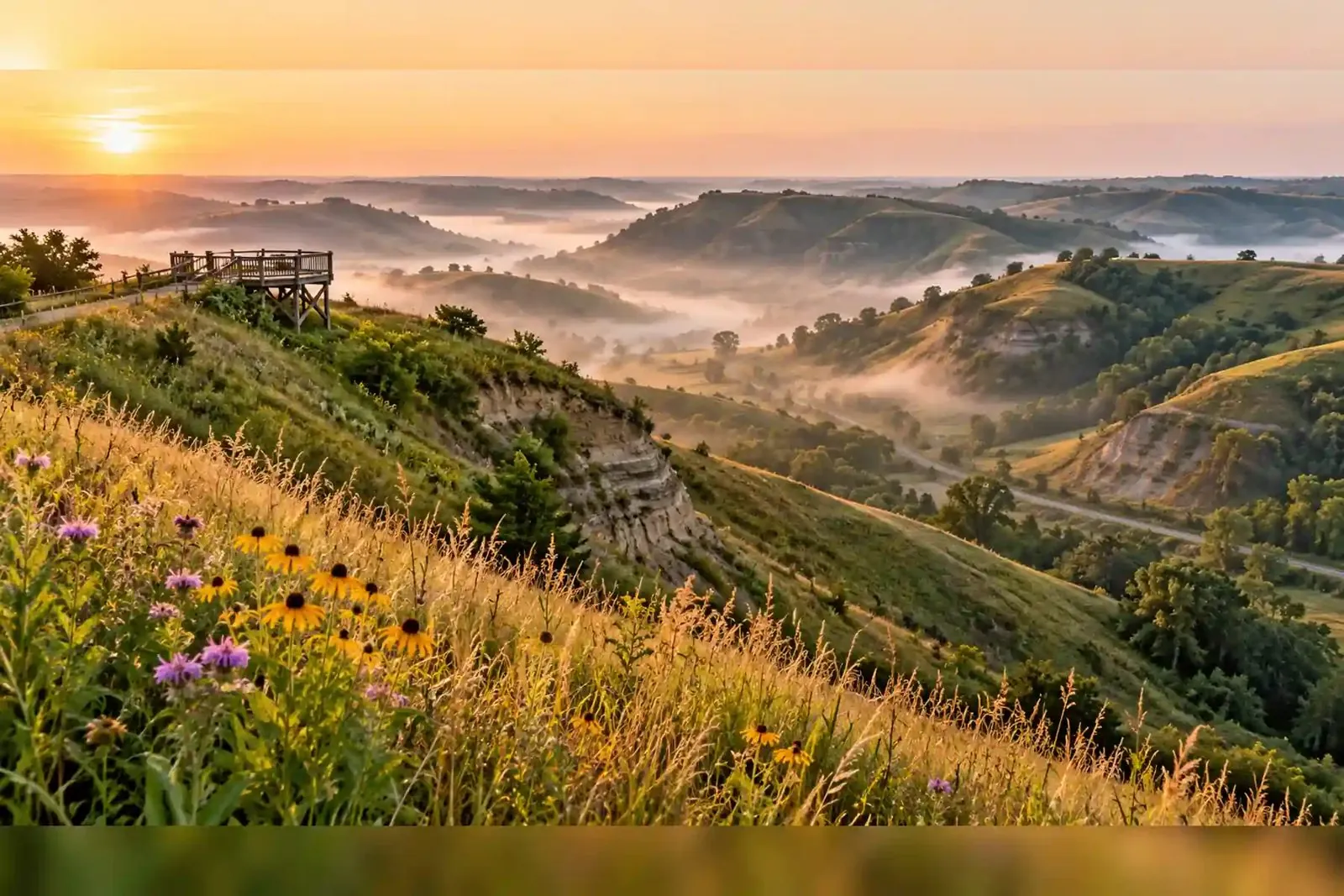 Rolling Loess Hills at sunrise with wildflowers