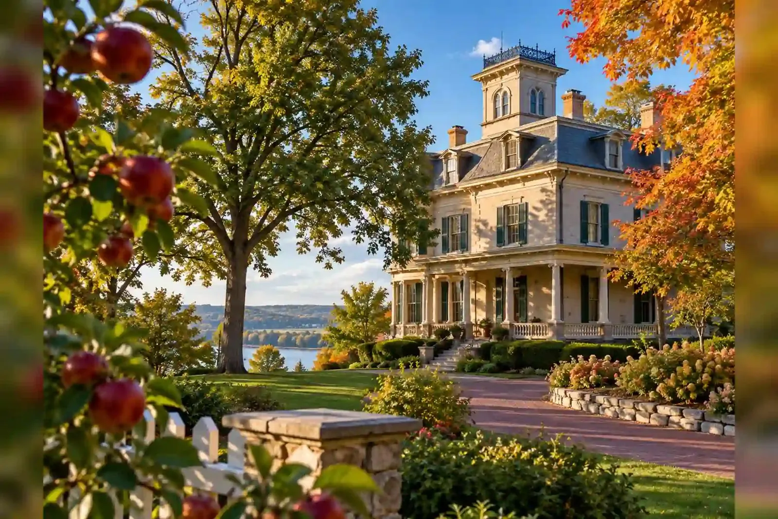 Historic mansion surrounded by apple trees in Nebraska City