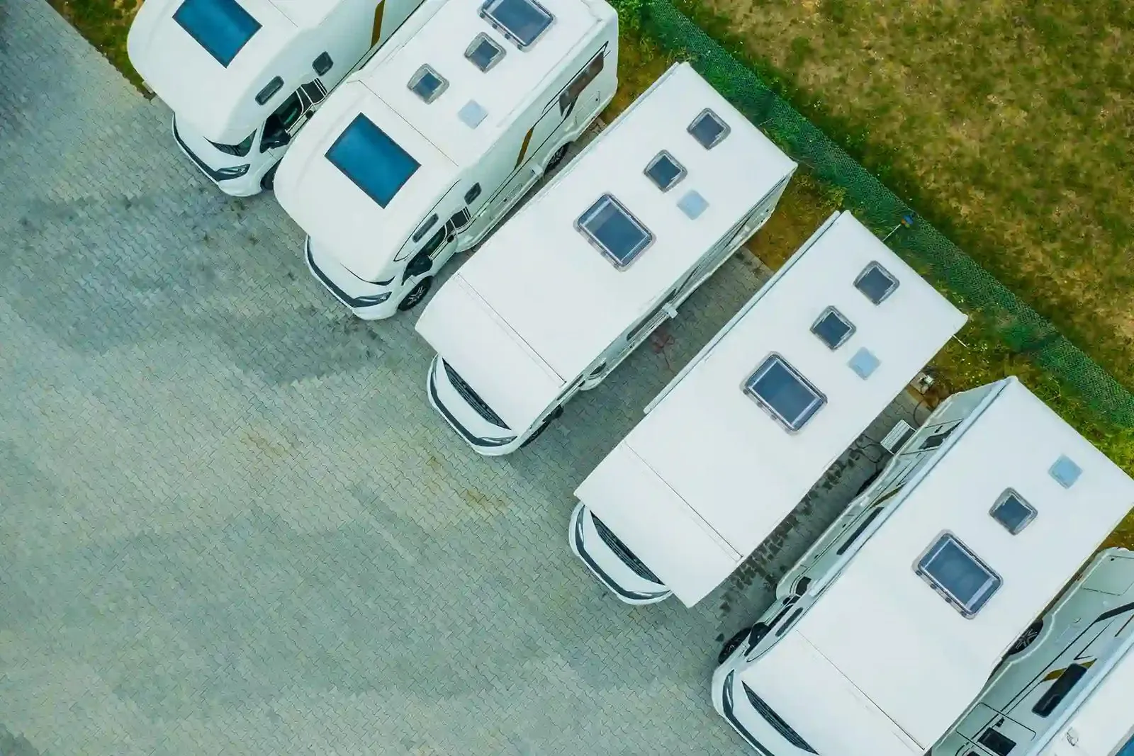 Aerial view of RVs lined up in a storage lot