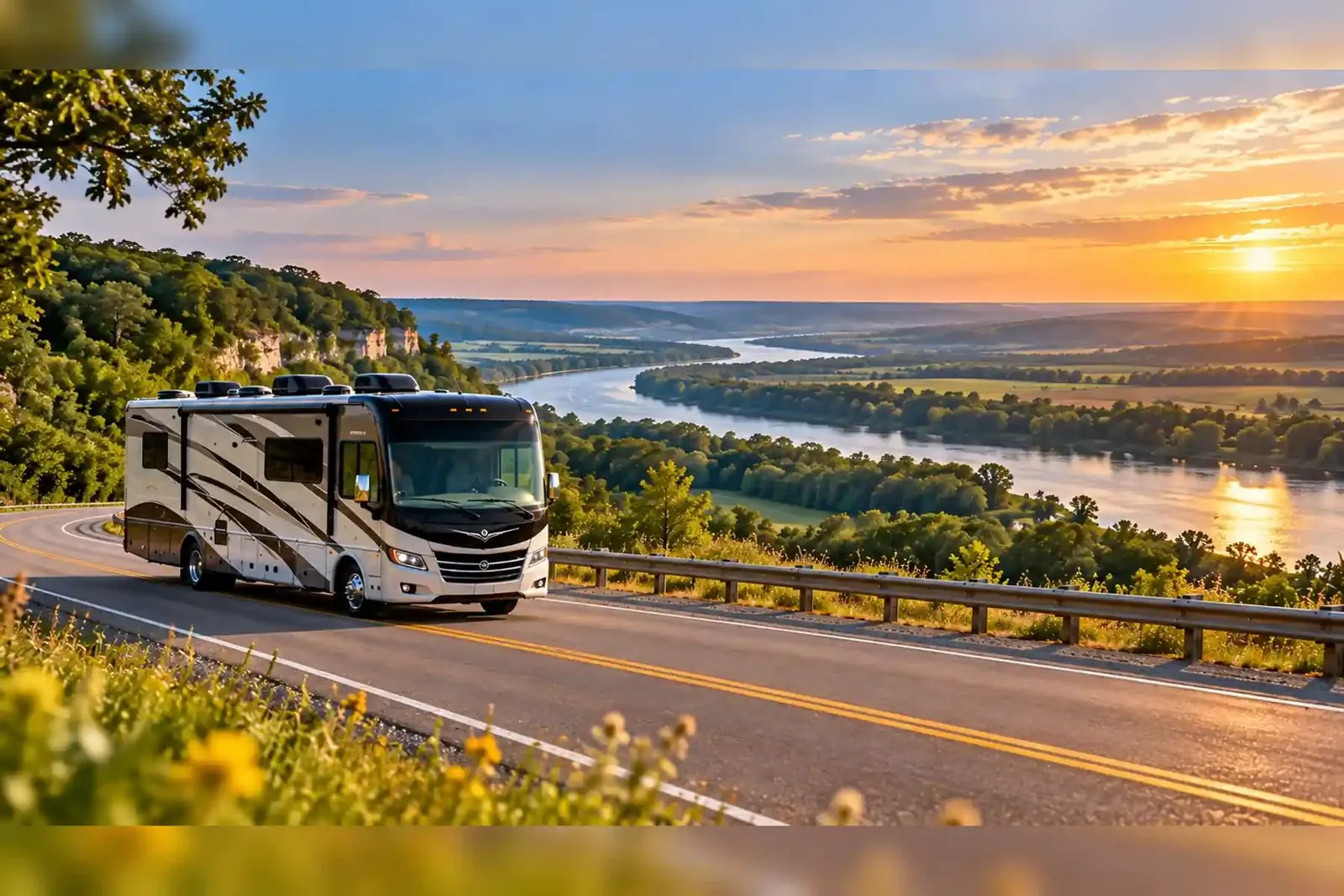 Motorhome on a scenic road above the Missouri River at sunset