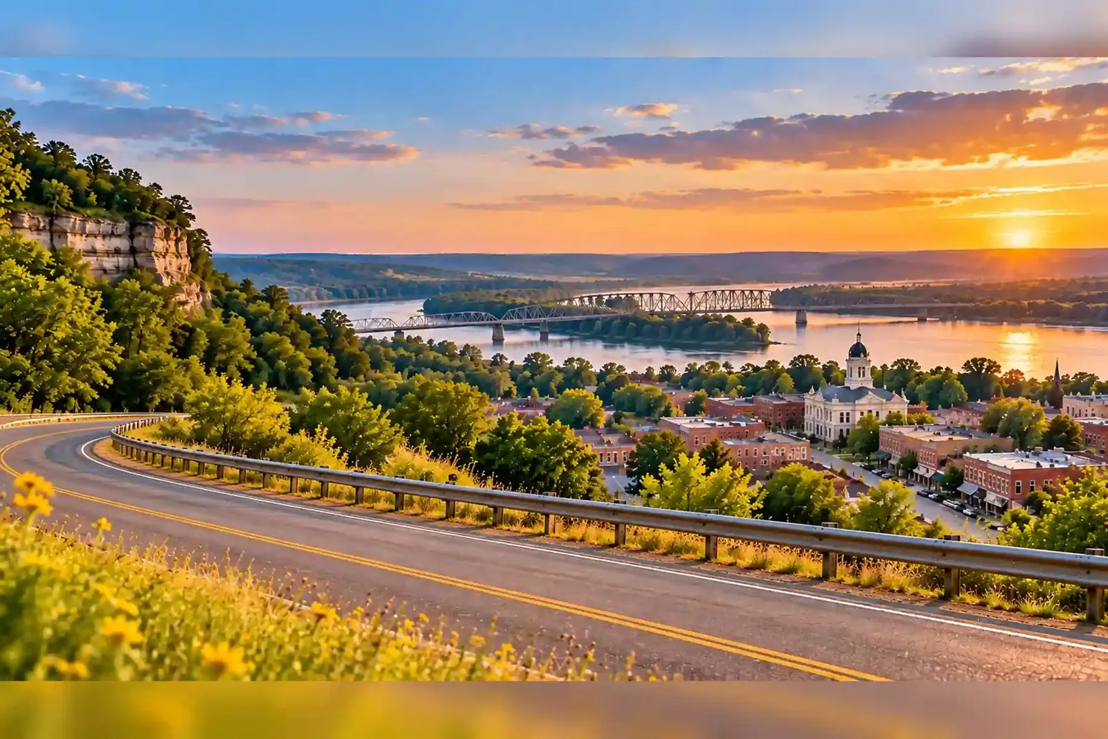 Scenic road overlooking a river town at sunset